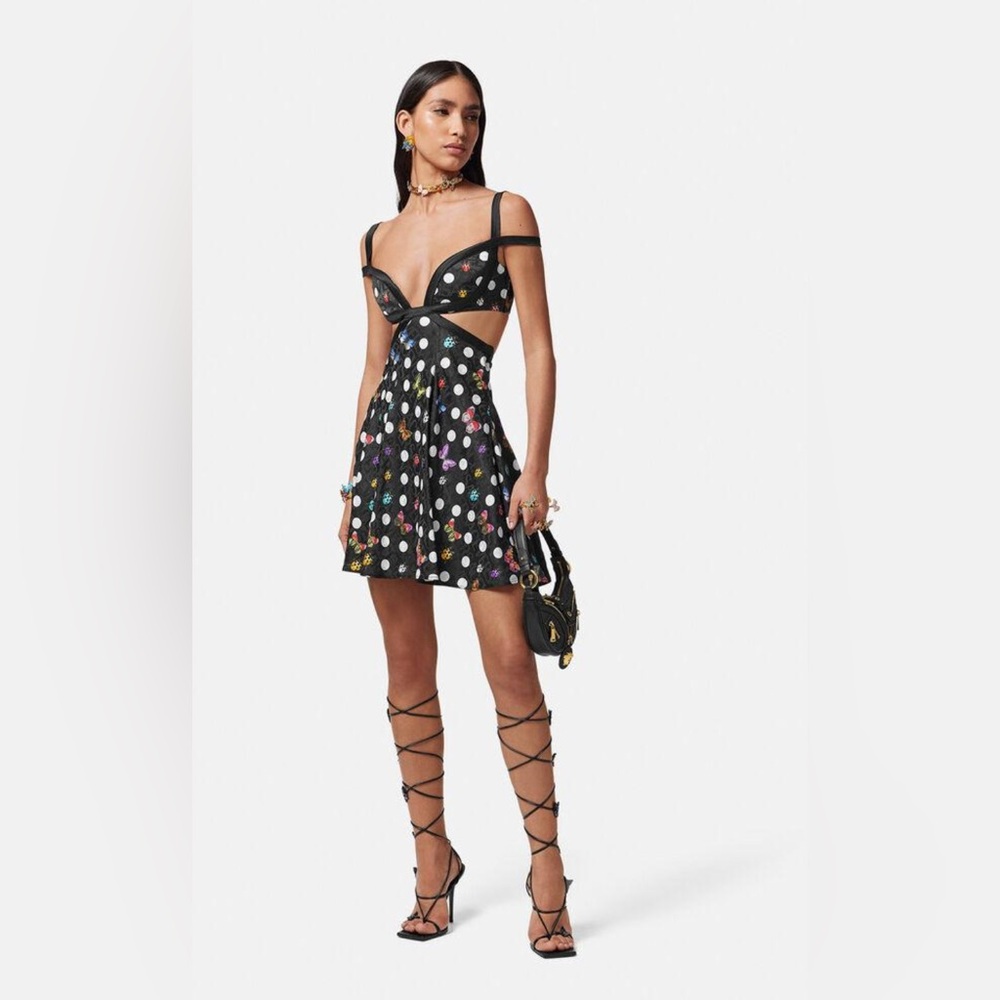 Versace / Dua Lipa Butterfly Black Satin Jacquard Polka Dot Midi Dress size 38